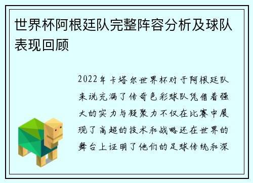 世界杯阿根廷队完整阵容分析及球队表现回顾