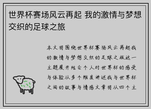 世界杯赛场风云再起 我的激情与梦想交织的足球之旅